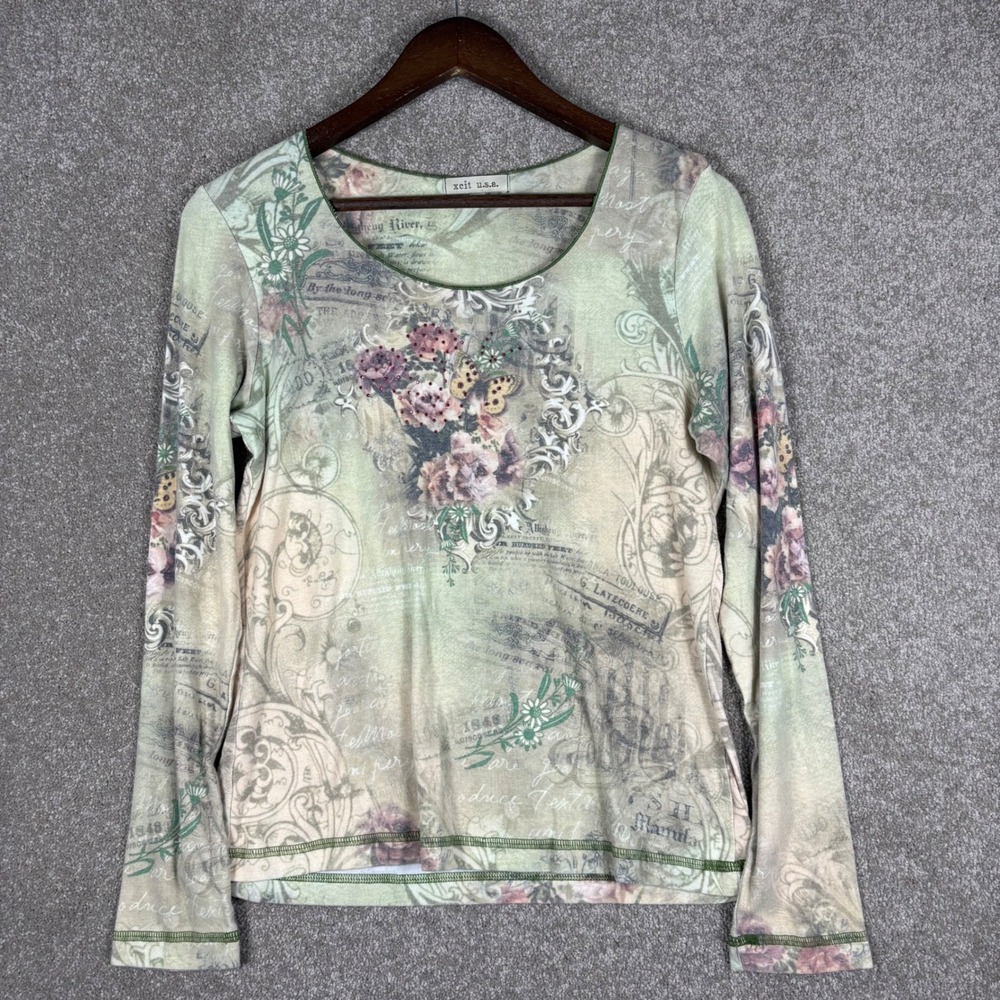 Xcit USA Women Large Green Floral Butterfly Rhinestone Long Sleeve Y2K Top